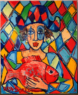 tableau représentant une femme tenant un poisson devant un fond coloré