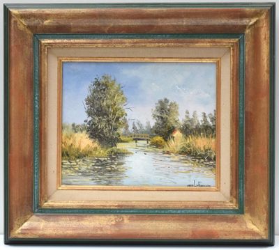 a painting of a river with a bridge and trees in the background