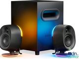 two speakers sitting next to each other on a table