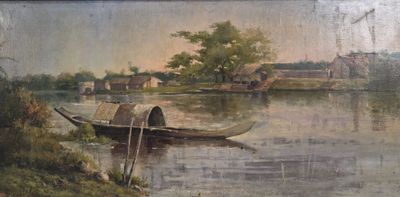 a painting of a boat on the water with a village in the background