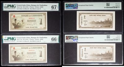 four different types of bank notes are on display on a black surface