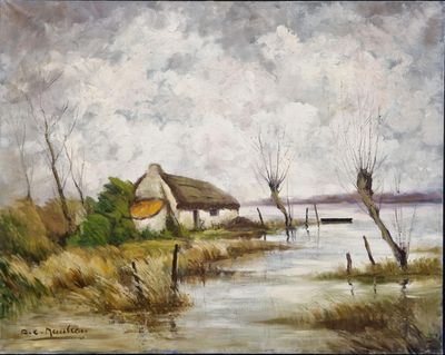 an oil painting of a house by the water with a thatched roof