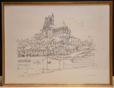 drawing of a drawing of a city with a boat in front of it