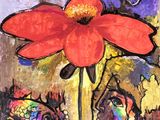 a painting of a red flower in the middle of a painting