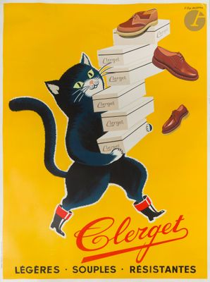 an old poster of a cat carrying a stack of shoes