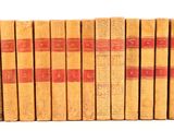 plusieurs vieux livres sont alignés sur une surface blanche