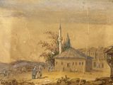 a painting of a village with a church in the background