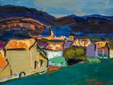 une peinture à l'huile représentant une petite ville avec une montagne en arrière-plan