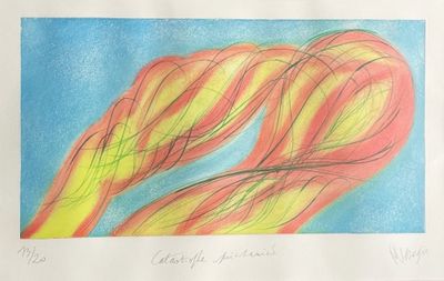 dessin représentant deux fleurs orange et jaunes avec un ciel bleu en arrière-plan