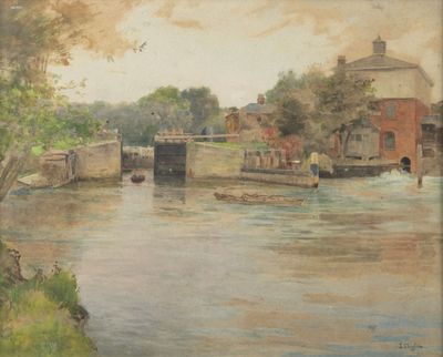 a painting of a river scene with boats on the water