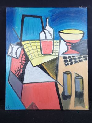 une photo d'un tableau représentant une nature morte avec une bouteille de vin