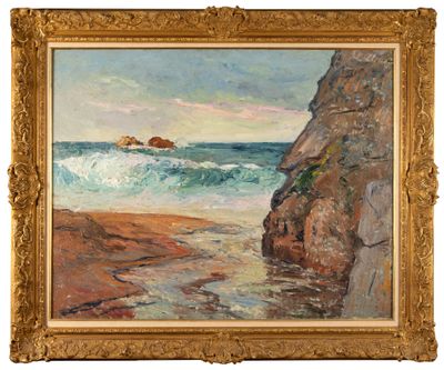 une image représentant un tableau d'une plage rocheuse avec des vagues qui déferlent