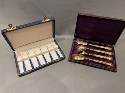 two silverware items in a purple case on a gray surface