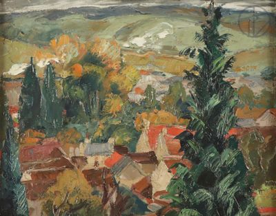 une image d'une peinture représentant une vue d'une ville depuis une colline