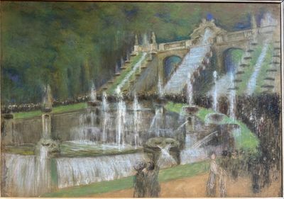 a painting of a man standing in front of a fountain