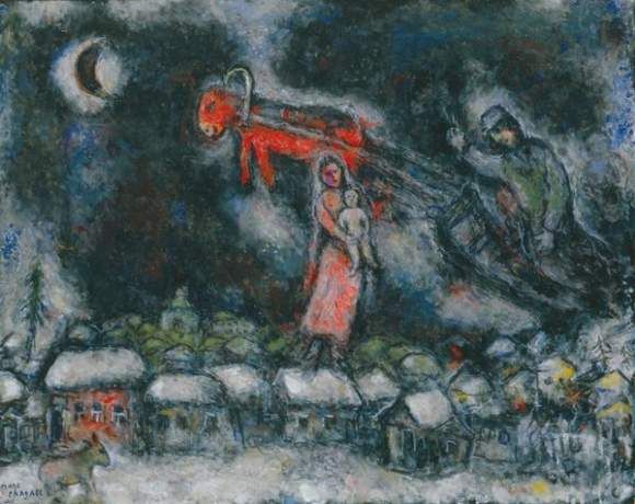 Marc CHAGALL* (1887-1985)L'âne rouge au dessus du village, circa 1978-1979 Huile sur toile
