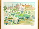 une photo représentant une aquarelle représentant une maison et un étang