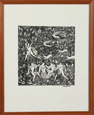 un dessin en noir et blanc représentant un groupe de personnes dans une forêt