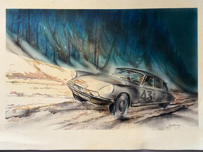 painting of an old car in the snow with a surfboard on top of it