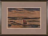 painting of a boat in a body of water with a sky in the background