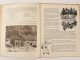 an open book with a picture of a woman and a house