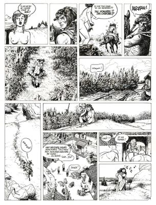 une image en noir et blanc tirée d'une bande dessinée, représentant un homme à cheval
