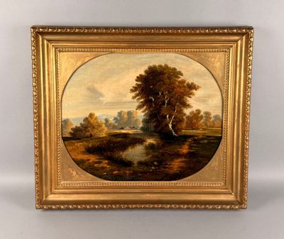 une peinture à l'huile représentant un paysage avec une rivière et des arbres