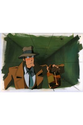 cartoon of a man in a suit and hat holding a gun