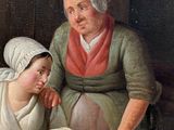 painting of a woman and two children with a baby in a crib