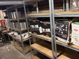 many shelves with boxes and boxes on them in a room