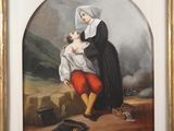 une peinture représentant une femme tenant un enfant dans ses bras