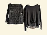 two women ' s tops with sequins on them, one black and the other silver