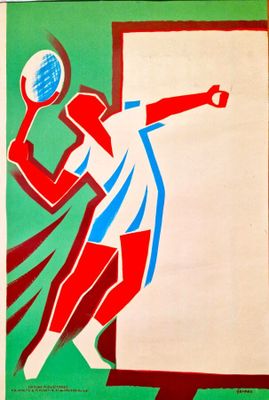 painting of a tennis player hitting a ball with a racket