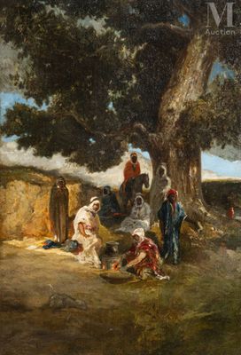 une image représentant un tableau où l'on voit un groupe de personnes assises sous un arbre