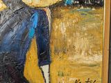a painting of two people with umbrellas in a field