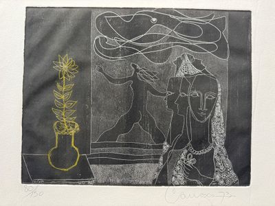 dessin représentant un vase contenant une plante, ainsi qu'un dessin représentant un homme et une femme
