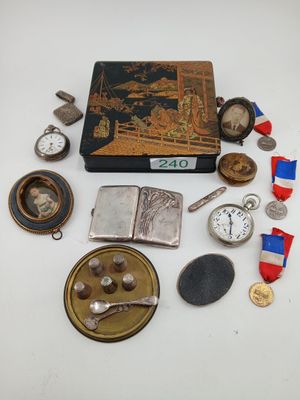 an image of a collection of antique pocket watches and other items