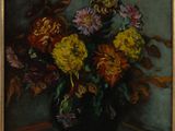 an oil painting of a vase of flowers on a table