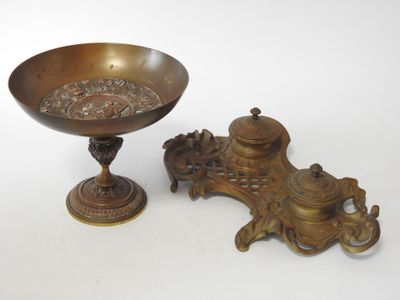 pair of antique brass candlesticks and a brass bowl