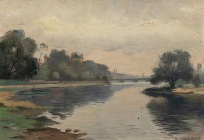 painting of a river with trees in the distance and a sky in the background