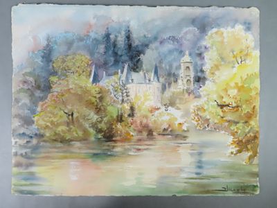 a watercolor painting of a castle on the water