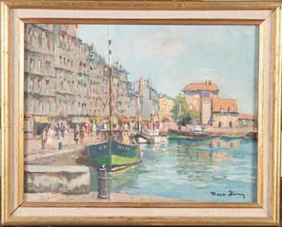 tableau représentant une scène de port avec des bateaux à l'eau et des personnes marchant sur le quai