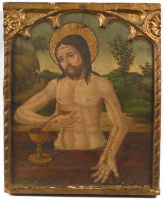 un vieux tableau représentant Jésus tenant une coupe dans sa main droite