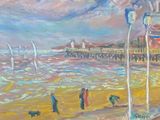 tableau représentant des personnes et des chiens sur la plage, avec une jetée en arrière-plan