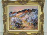 an oil painting of a landscape with trees and bushes in a gold frame