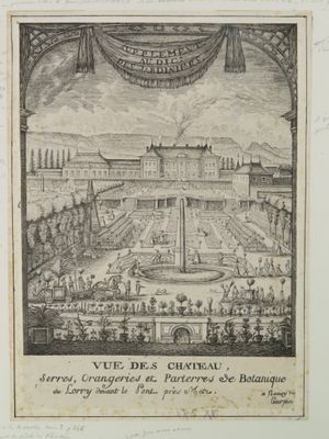an old drawing of a garden with a fountain and a fountain surrounded by people