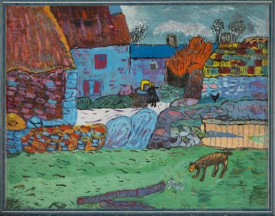 an image of a painting of a man and a dog in a field