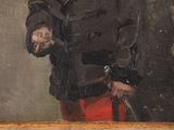 portrait of a man in a black jacket and red pants holding a gun