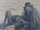 drawing of a man and a dog sitting on a beach