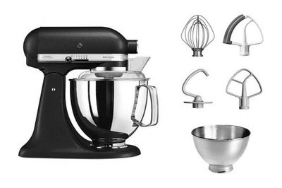 an image of a black kitchen aid mixer with a bowl and whisk attachments
